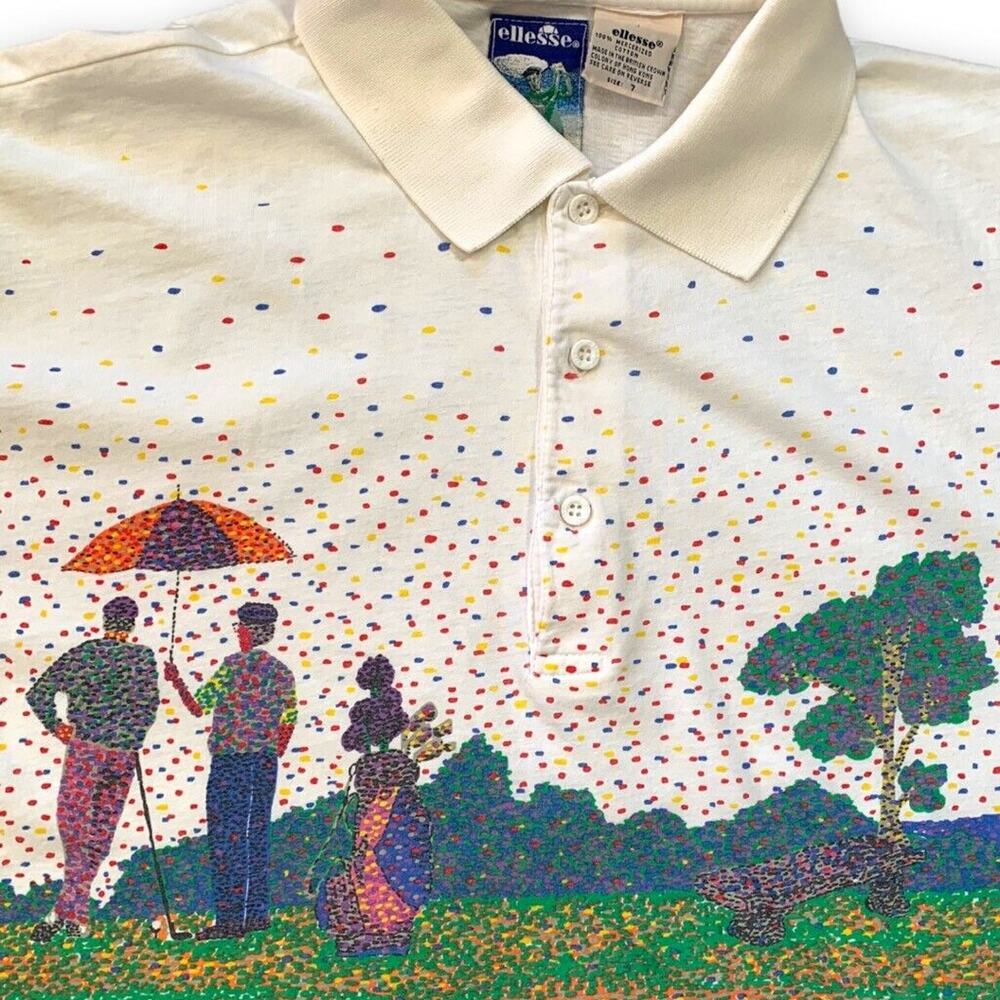 Vintage Ellesse Golf Polo Scenic Print White Mercerized Cotton Shirt Abstract - Picture 7 of 10